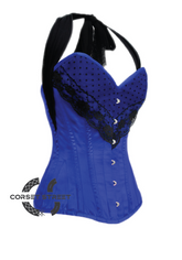 Blue Satin Black Net Halter Neck Gothic Burlesque Bustier Waist Training LONG Overbust Corset Costume